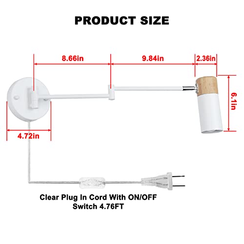 COSYLUX Modern Industrial Swing Arm Wall Lamp with Plug in Cord for Bedroom, Living Room, Office, Rotatable Lampshade Plug in Wall Sconces Light Fixture for Reading and Working, White (NO Bulb)