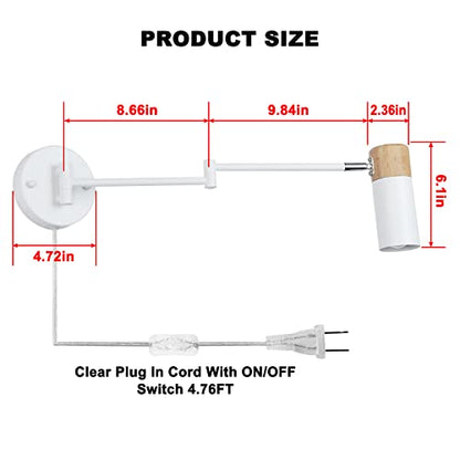 COSYLUX Modern Industrial Swing Arm Wall Lamp with Plug in Cord for Bedroom, Living Room, Office, Rotatable Lampshade Plug in Wall Sconces Light Fixture for Reading and Working, White (NO Bulb)
