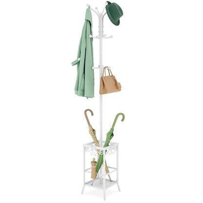 Hoctieon Coat Rack Freestanding, Coat Tree with Umbrella Holder, Metal Coat Rack Stand with 12 Hooks, Standing Coat Hanger Stand, Umbrella Stand for Entryway, Hat Rack Stand for Home Office, White | Metal Coat Rack Stand with 12 Hooks, Standing Coat Hange