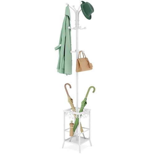 Hoctieon Coat Rack Freestanding, Coat Tree with Umbrella Holder, Metal Coat Rack Stand with 12 Hooks, Standing Coat Hanger Stand, Umbrella Stand for Entryway, Hat Rack Stand for Home Office, White | Metal Coat Rack Stand with 12 Hooks, Standing Coat Hange