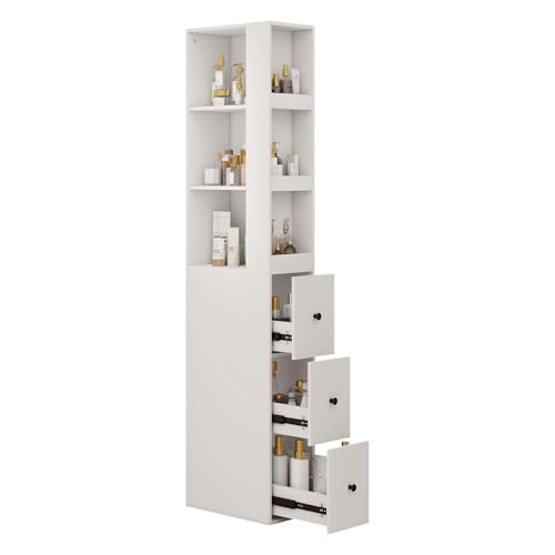 ARTETHYS Tall Narrow Bathroom Storage Cabinet with Side Rack & Drawers | 3-Level Adjustable Shelves, Slim Free Standing Space Saver Organizer for Living Room Kitchen, Classic White - color: White With Side Rack