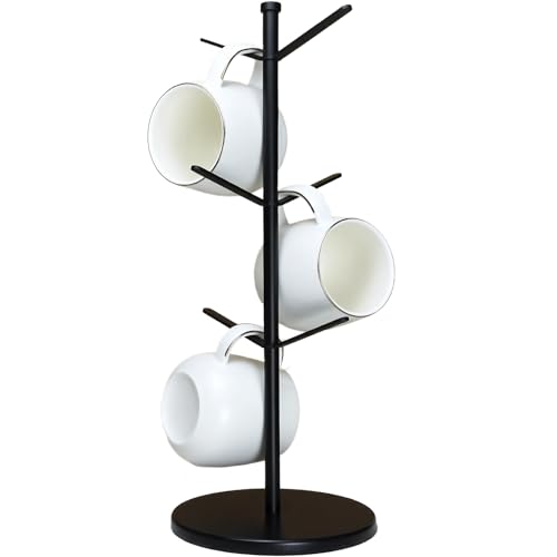 Premium Mug Tree, 6 Hooks Upgraded Stable Metal Mug Holder, Bamboo Base Coffee Mug Cup Rack for Counter Top, Mug Display, Home Storage and Cup Organizer, Black - size: 6 Hooks
