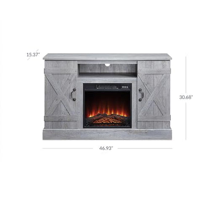 BELLEZE Industrial 47 Inch Rustic TV Stand with 18 Inch Electric Fireplace & Media Entertainment Center Console Table for TV up to 50 Inch with Open Storage Shelves & Cabinets - Light Gray - color: Light Gray, style: 47" TV Stand/W 18" Fireplace