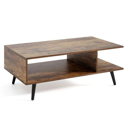 GOFLAME Wood Coffee Table, 2-Tier Mid Century Modern Center Table with 2 Open Storage Compartments & Metal Legs, Rectangular Accent Tea Tables for Living Room, Home Office, Apartment, Rustic Brown - color: Rustic Brown