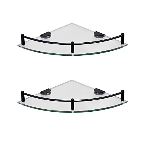 Glass Shower Corner Shelves 2 Pack - Floating Bathroom Shelves Tempered Glass Shelf with Rails SUS 304 Stainless Steel Wall Mounted Organizer, 24cmx24cm 6mm, Black