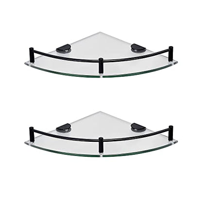 Glass Shower Corner Shelves 2 Pack - Floating Bathroom Shelves Tempered Glass Shelf with Rails SUS 304 Stainless Steel Wall Mounted Organizer, 24cmx24cm 6mm, Black