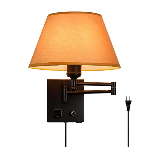 Swing Arm Wall Sconces, Plug-in Wall lamp,Bedroom Wall lamp ， White Fabric Shade with dimmable Switch and USB Charging Port,Suitable for Bedside,Living Room,Reading (Black. Gold Shadow) - color: Black. Gold Shadow