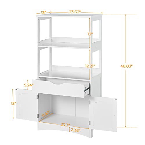 DICTAC Kitchen Pantry Storage Cabinets with Shelves,Drawer and Doors,Microwave Cart with Storage,Freestanding Floor Sideboard Cabinet with Microwave Space,Bookshelf,Display Unit for Home,White - size: 23.62x13x48.03inch