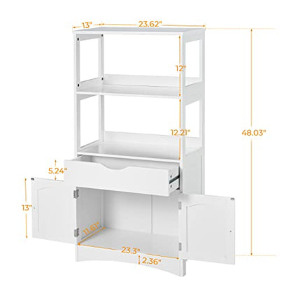 DICTAC Kitchen Pantry Storage Cabinets with Shelves,Drawer and Doors,Microwave Cart with Storage,Freestanding Floor Sideboard Cabinet with Microwave Space,Bookshelf,Display Unit for Home,White - size: 23.62x13x48.03inch