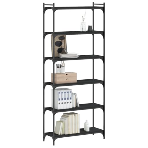 Industrial 6-Tier Bookcase Matte Black Engineered Wood Shelving Unit 74 in Tall Adjustable Shelves for Living Room Office Bedroom - color: Black-f, size: Medium