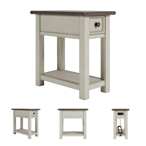 Signature Design by Ashley Bolanburg Narrow End Table, Charging Station | Slim 14-inch profile with USB charging, Wood, White oak veneers and engineered wood, Farmhouse style for small living rooms - color: Dark Brown & White