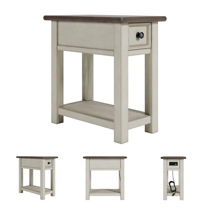 Signature Design by Ashley Bolanburg Narrow End Table, Charging Station | Slim 14-inch profile with USB charging, Wood, White oak veneers and engineered wood, Farmhouse style for small living rooms - color: Dark Brown & White