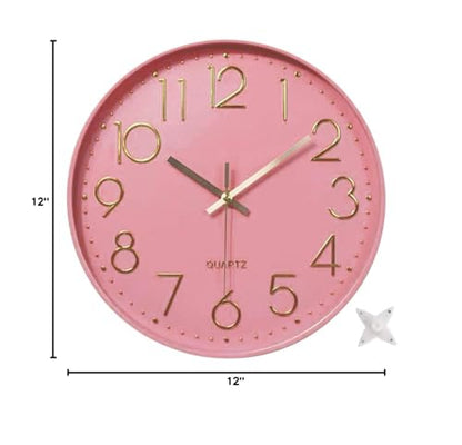 12 in Wall Clock Non-Ticking Quartz Silent Battery Operated Round Clocks Home Kitchen Office School Living Room Decor Clocks (Pink-Rose) - color: Pink-rose