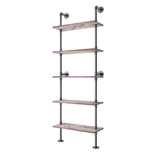 Yuanshikj 5 Tier with 24" Solid Wood Planks, Industrial Pipe Ladder Shelf | Metal Iron Rustic Wall Mounted for Living Room,Office, Decor Storage,Bookshelf - size: 5 Tier With 24" Solid Wood