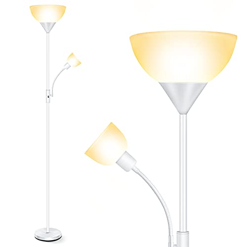 Torchiere Floor Lamps for Living Room, Standing Lamp, 71" Tall Pole Lamps with Adjustable Reading Light, 3-Way Rotary Switch, Plastic Shade, Bright Torch Corner Lamp for Bedroom, White(E26, No Bulb) - color: White Floor Lamp(No Bulb)