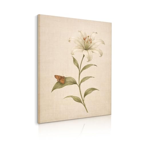Boho Wall Art White Lily Botanical Canvas Prints, Vintage Floral Wall Decor, Moody Flower Pictures for Farmhouse Bedroom,16x24 Inch - color: Lily, size: 16"L x 24"W