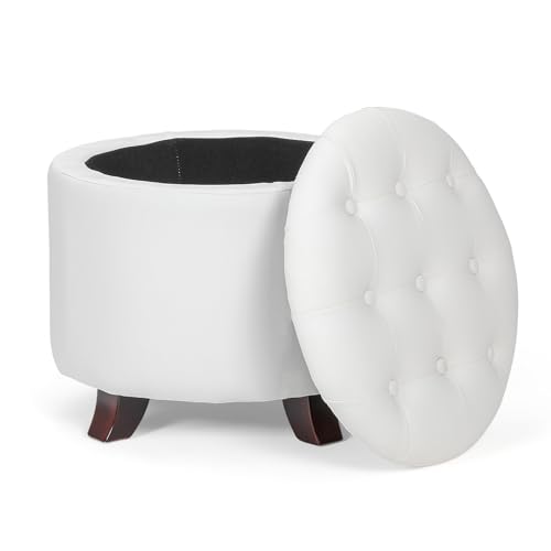Athena Collection 20 Inch Small Ottoman with Storage, Round PU Leather Storage Ottoman with Removable Lid, Stylish Footstool Foot Rest for Living Room, Bedroom, Dorm, White - color: White, size: 20"D x 20"W x 17"H