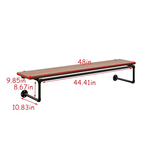 Clothes Rack 48in, Wall Mounted Garment Racks with Real Wood Shelf, Heavy Duty Hanging Clothes Rack, Multi-Purpose Hanging Rod, Space-Saving Closet Storage - color: Brown, size: 1T48IN