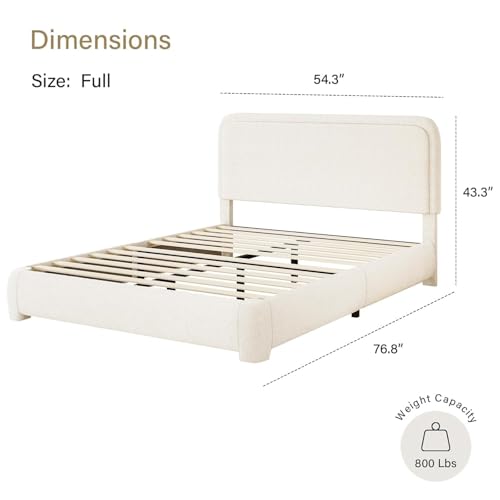 BarnFurin Full Bed Frame, Cloud Boucle Headboard, Rounded Corners, Cream | Soft boucle and rounded edges create a low-profile cloud look. Wooden slats support the mattress without a box spring - color: Cream, size: Full