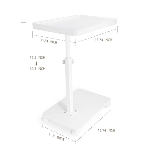 YYW Adjustable C-Shaped End Table with Removable Wheels & Convertible Base - 360° Swivel Height-Adjustable (17.7"-31.5") Sofa/Bedside Table, Minimalist Solid Colors for Modern Spaces (White) | Removable Wheels, 360° Swivel, Convertible Base, Minimalist So