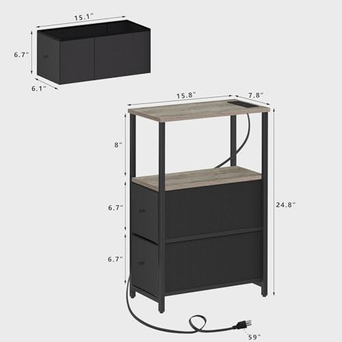 TUTOTAK Narrow LED End Table with Charging Station, Skinny Side Table | Bedside Table with Outlets, Nightstand with 2 Cloth Drawers, Couch Table for Living Room, Bedroom, Greig TB01BG056 - color: Greige, style: 2 Drawers with Plug & Light