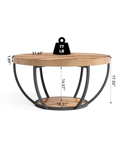 LITTLE TREE Round Coffee Table, 32" Circle Coffee Tables for Living Room | 2-Tier Wood Accent Center Table with Open Storage Industrial Design Home Furniture (Wood Grain and Black) - color: Wood Grain and Black