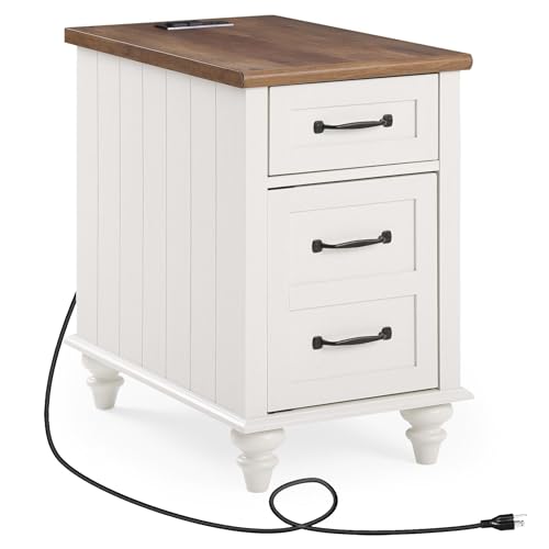 WAMPAT Off White Side Table with Charging Station, Tall Nightstand with Drawer for Bedroom, Narrow End Table Wooden Bedside Table with USB Ports & Power Outlets for Living Room - color: Off White