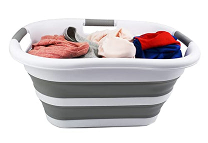 SAMMART 30L (7.9 gallon) Collapsible Plastic Laundry Basket - Foldable Pop Up Storage Container/Organizer - Portable Washing Tub - Space Saving Hamper/Basket (1, White/Grey) - color: White/Grey