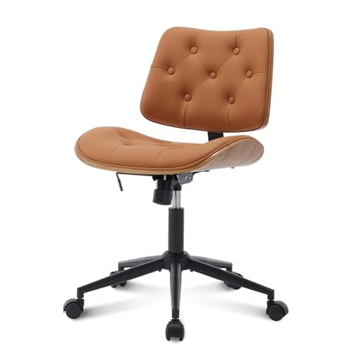 Armless Home Office Chair in Button Style, PU Leather Small, Brown | PU Leather Adjustable Height Computer Desk Chair, 360 Swivel Small No Arms Office Seat, Walnut Design Stool, 300LBS Cap - color: Brown, size: Button Style