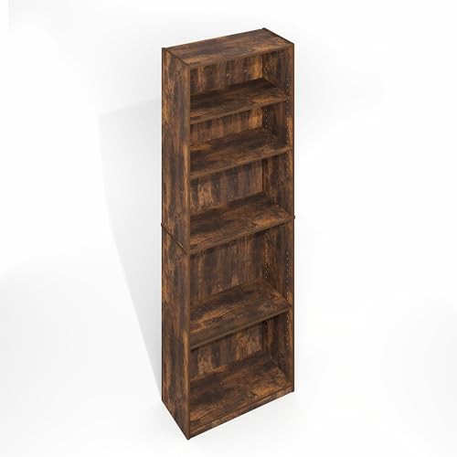 Furinno Jaya Simply Book Shelf, 5-Tier Bookshelf, Bookcase with Adjustable Shelves, 9.5 x 24.5 x 71.2, for Living Room, Bedroom, Home Office, Amber Oak - color: Amber Pine, size: 5-Tier, 9.5 x 24.5 x 71