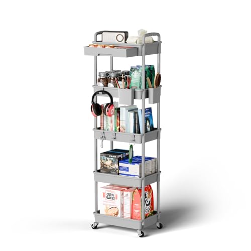 Sorgion 5 Tier Rolling Cart Organizer,Bathroom Cart Organizers with Wheels Laundry Room Organization Mobile Shelving Unit Utility Cart Storage Shelves Multi-Functional for Office, Home(Grey) - size: 5Tier-Grey