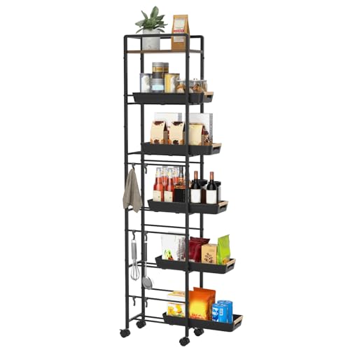 6 Tier Slim Storage Cart with Pull-Out Baskets Rolling Cart with Wheels Wood Top Narrow Utility Cart Metal Shelving Units for Pantry Laundry Room Bathroom Kitchen Black 8in(W) - color: Black, size: 6 Tier(8 inches)