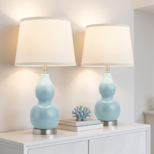 22" Table Lamp Set of 2, Color Temperature Adjustable Double Gourd Ceramic Lamps Classic Nightstand Table Lamps for Bedroom Beside Lamps for Living Room, Sky Blue-Bulbs Included - color: 22.63" Blue Gourd