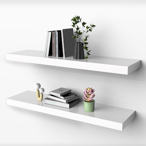 Habudda Floating Shelves for Wall, Natural Wood Shelf, 30 inch Long, White Wooden Rustic Decor for Bathroom Kitchen Bedroom, Hanging Mounted Invisible Bracket, Set of 2 - color: White, size: 30"×6.7"×1.6"