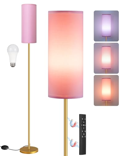 Dimmable Pink Floor Lamp for Living Room with Remote and Foot Switch, Corner Floor Lamp, 64.4'' Standing Tall Lamp, 10W 900LM Bulb Included, 3000K-6500K, Linen Shade, Gold Pink, FCC Listed DP06LD05W1 - color: Pink and Gold