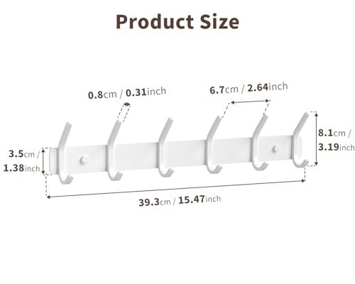 Coat Rack Wall Mount Hooks - 15 Inch White Metal 6-Hook Rack(1 Pack) | Modern Kids Room, Entryway & Bathroom Hanger for Towels, Coats, Purses, Bags - color: White, size: 1 Pack