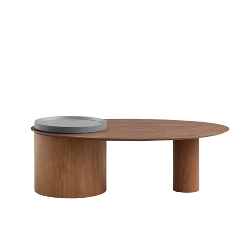 47.24" Modern Coffee Table with Storage Space, Round Low End Table, Rustic Style Bedside Table for Bedroom Living Room - color: Oval+tray-walnut