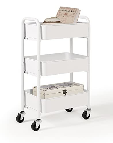 SunnyPoint 3-Tier Delicate Compact Rolling Metal Storage Organizer - Mobile Utility Cart Kitchen/Under Desk Cart with Caster Wheels - WHT (15.35" X 10.24" X 26.8"H) - color: Wht