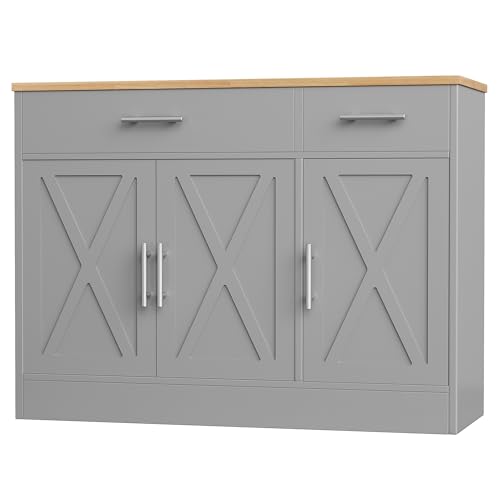 Shintenchi Modern Farmhouse Sideboard Buffet Cabinet with Storage with 3 Doors,42" Barn Doors Buffet Cabinet with Storage,Wood Coffee Bar Cabinets with Adjustable Shelf for Kitchen,Living Room,Grey - color: Grey