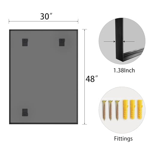 48x30 Black Bathroom Mirrors for Over Sink, Wall Mounted Bathroom Vanity Mirror, HD Distortion-Free Tempered Glass, Anti-Rust Brushed Matte Aluminum Alloy Frame, Horizontal or Vertical Hanging - size: 48"L x 30"W