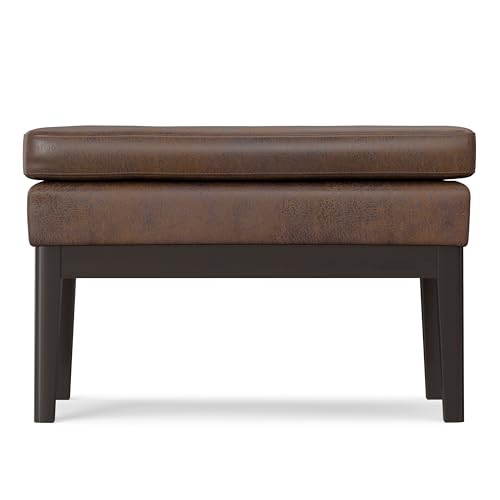 SIMPLIHOME Carlson Small Ottoman Bench - 27 inch Wide Upholstered Woven Fabric Rectangle Ottoman in Distressed Chestnut Brown, Mid Century Modern Bench for Bedroom or Living Room with Padded Seat - color: Distressed Chestnut Brown, style: Small Ottoman Be