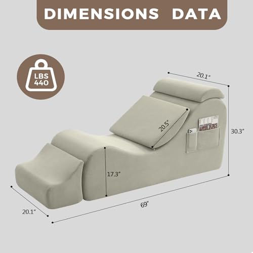 Yoga Chair Lounge for Adult, Ergonomic Chaise Lounge Chair with Side Pocket, Headrest, Waist Pad, Ottoman，Perfect for Stretching, Massage, and Relaxation, Used in Living Room, Bedroom - color: Grey