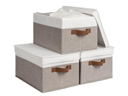 StorageWorks Fabric Storage Bins with Lids, Closet Storage Bins | Lidded Dust-proof, Easy Pull Handles, Foldable, Stackable, Ideal for Clothes Blanket Towel, Large, Brown and White, 3-Pack - color: Brown and White, size: Large