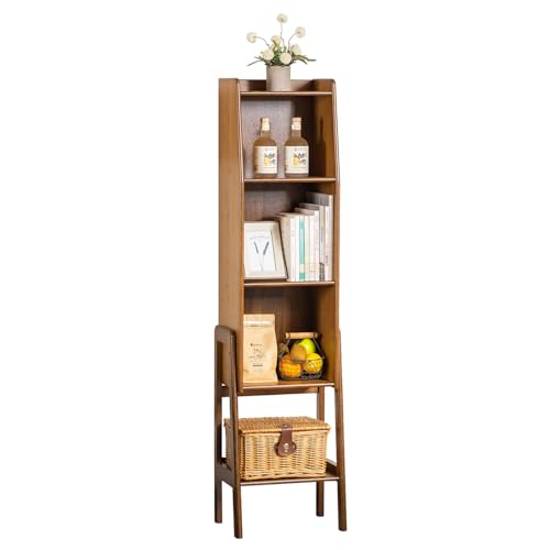 latifolia Bookshelf, 4-Tier Bamboo Bookcase with Bottom Storage Shelving, Narrow Corner Storage Organizer for Modern Living Spaces-Walnut - color: Walnut, size: 4 Tier