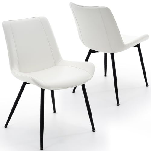 Dining Chairs Set of 2, PU Leather Armless with Metal Legs Pearl White | Fits Dining Rooms, Kitchens, Waiting room, Living rooms, Offices & Cafes, Easy to Clean Easy to assemble Adjustable Foot Pads - color: Pearl White