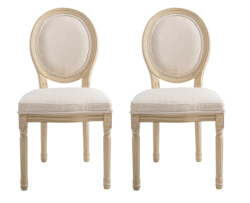 Kmax Farmhouse Dining Room Chairs, French Distressed Bedroom Chairs with Round Back, Elegant Tufted Kitchen Chairs, Set of 2, Beige - color: Natural Wash-fabric-beige, size: 2 Chairs