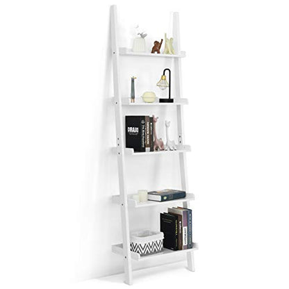 Tangkula 5-Tier Ladder Shelf, Wall-Leaning Bookshelf w/Open Shelves, Plant Flower Stand, Storage Display Organizer Rack, Multifunctional Bookcase for Living Room Home Office (White) - color: White