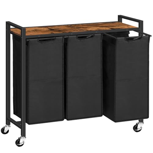 HOOBRO Laundry Sorter 3 Section, Laundry Hamper with Wheels, 3 × 11.5 Gal (43.5 L), Rolling Laundry Basket, Pull-Out and Removable Oxford Fabric Laundry Bags, Rustic Brown and Black BF76XY01 - color: Rustic Brown + Black