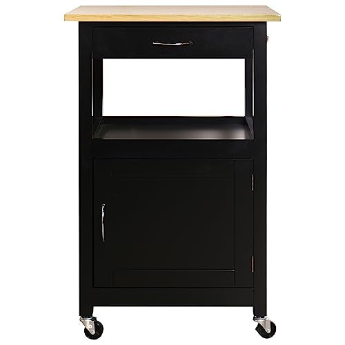 Kitchen Island Cart on Wheels, Black Base, Natural Hardwood Top | Drawer, Storage Cabinet, Shelf - color: Black