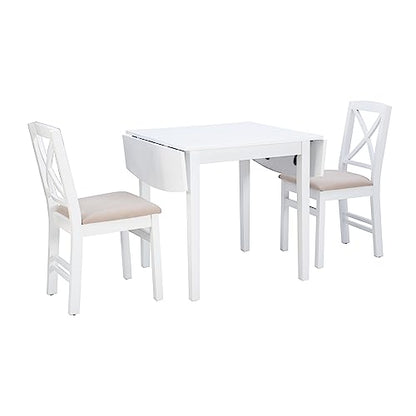 Torino Three Piece Drop Leaf Dining Set in White with Beige Upholstered Seats by Linon - color: White Set